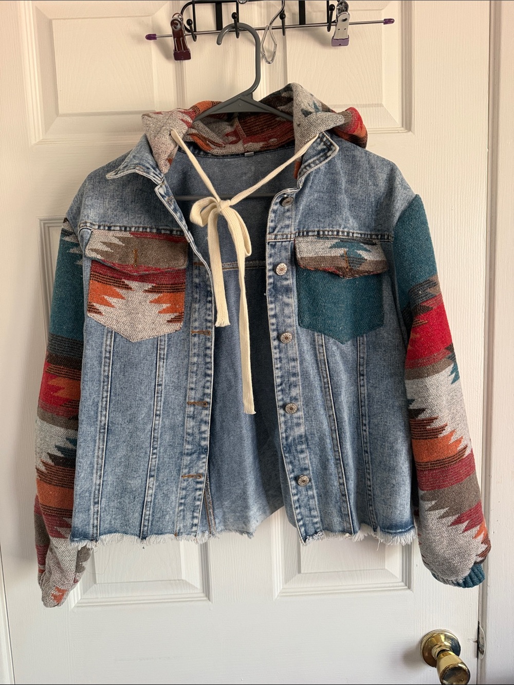 Denim Hooded Jacket with Multicolor Aztec Sleeves - Blue